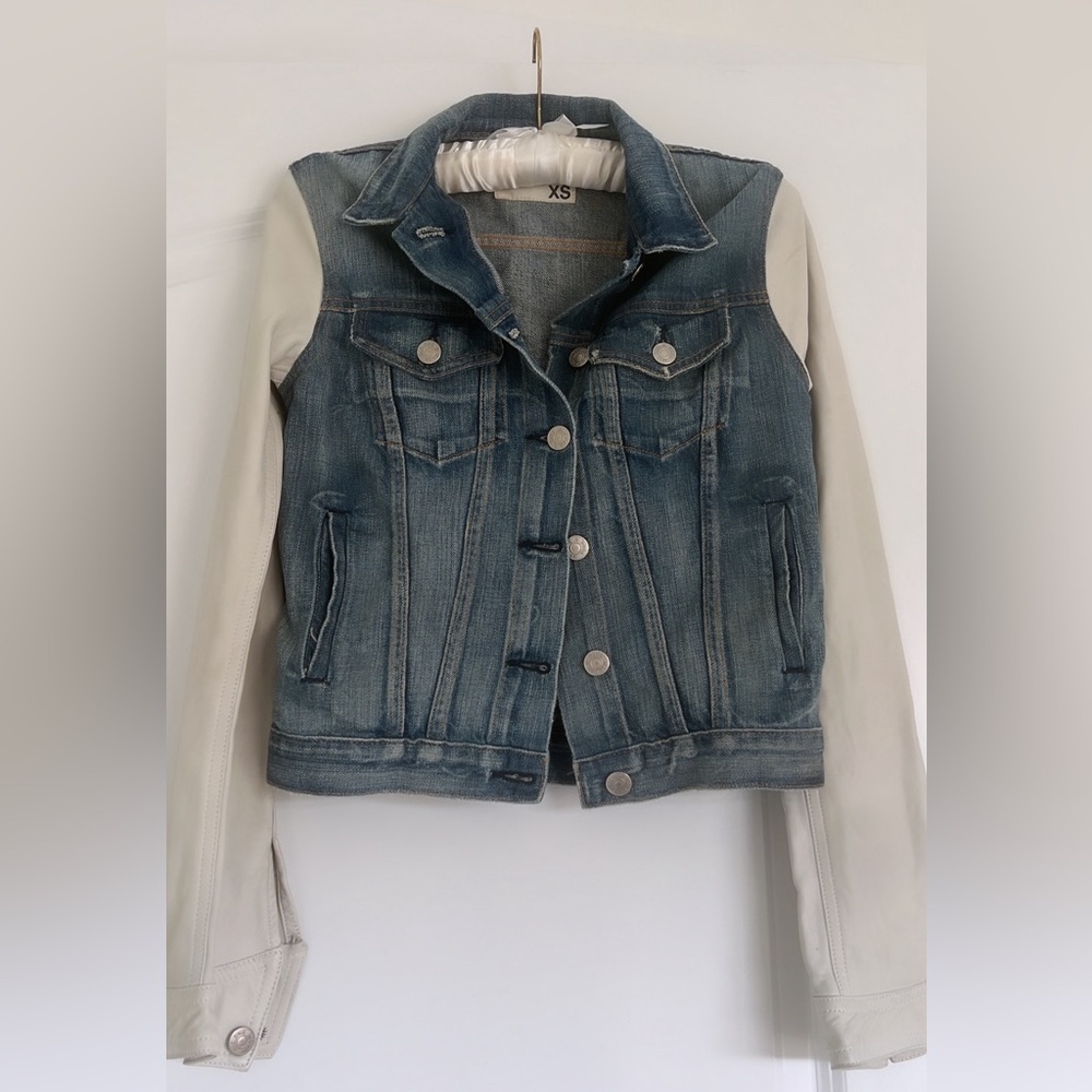Rag and Bone denim jacket with off white leather sleeves.